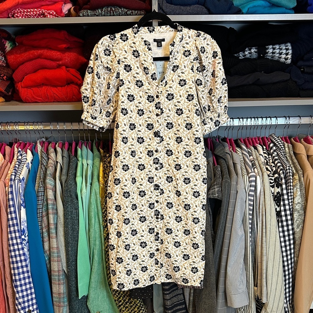 Ann Taylor white/tan/black floral short sleeve button down dress size XXSP